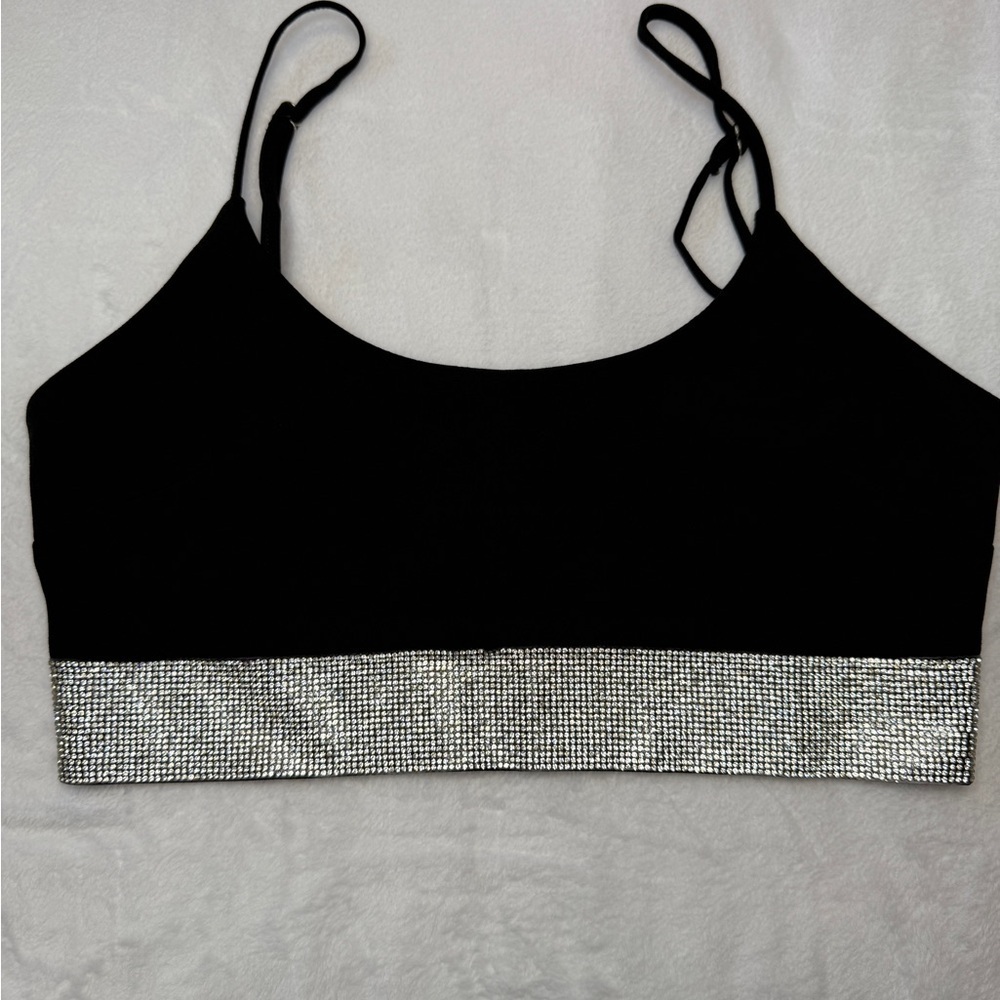Elegant Black Rhinestone Trim Top size M